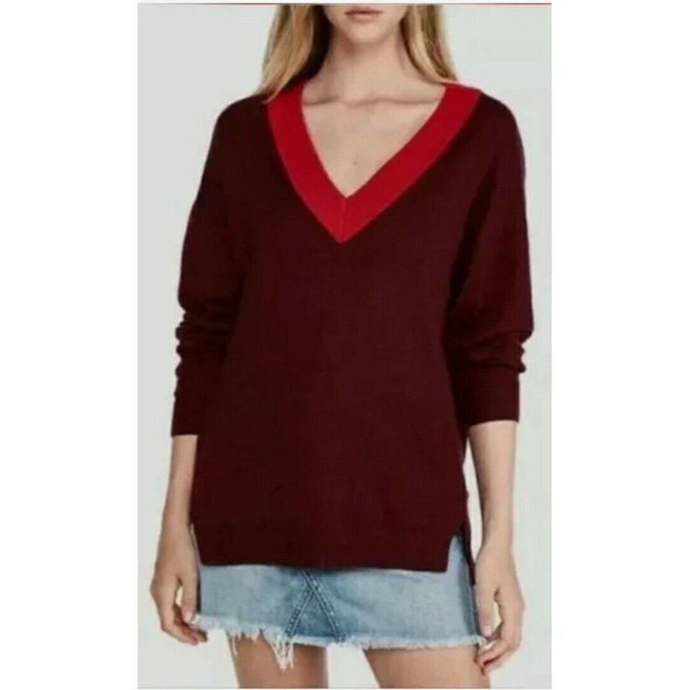 𝅺NWT EXPRESS Womens Burgundy Red Oversized Deep V-Neck Tunic Sweater Size S